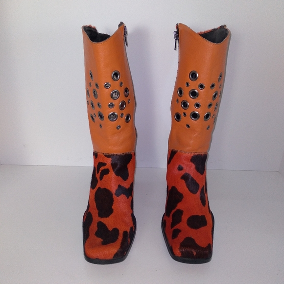 Shoes - Vintage BRUNO VALENTI Mid Calf Square Toe Orange, Black Cowhide Leather Boots- 7